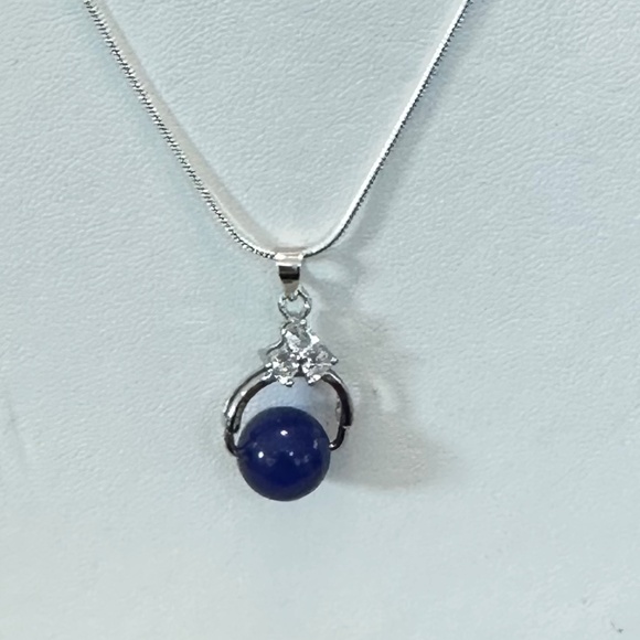 925 Sterling Silver Pendant W/Dyed Blue Agate Stone/Bead & 3 small Cz’s Above. - Picture 1 of 16